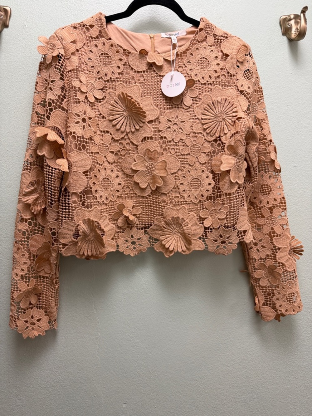 Pastels Peach Floral Crochet Long-Sleeve Top